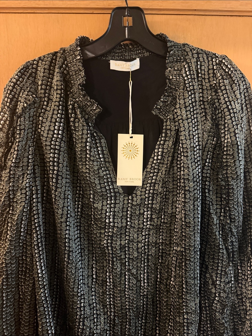 Ramy Brook Women’s Long Sleeve Dotted Ruffle Blouse Gray Black New Medium - Picture 2 of 7